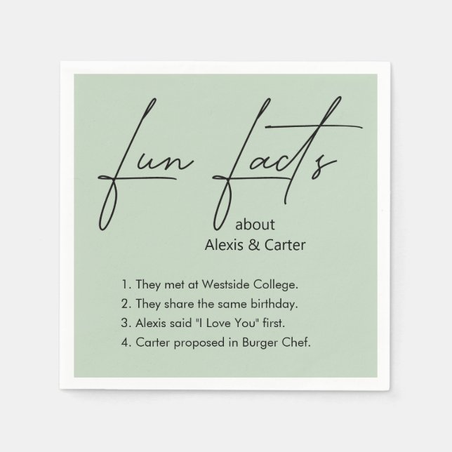 Wedding Fun Facts On Sage Green Napkin (Front)