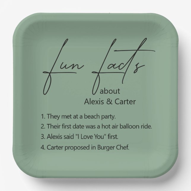 Wedding Fun Facts On Sage Green Paper Plate (Front)
