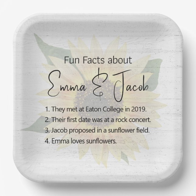 Wedding Fun Facts on Sunflower and Wood Paper Plate (Front)
