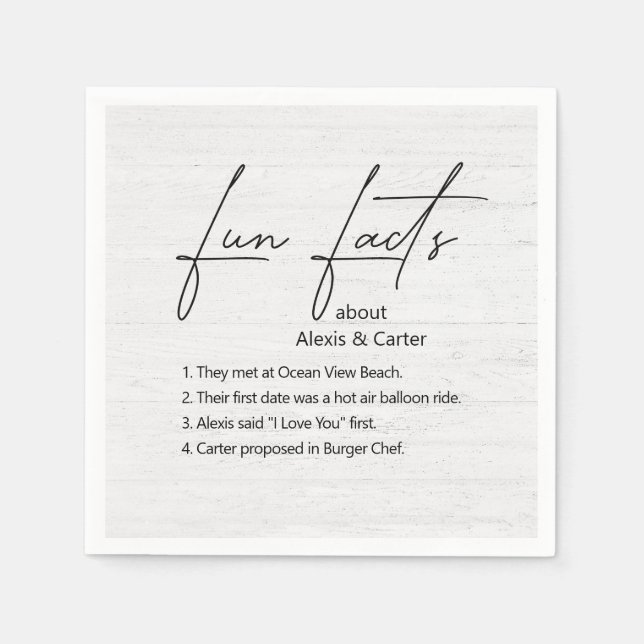 Wedding Fun Facts On Whitewashed Wood Napkin (Front)