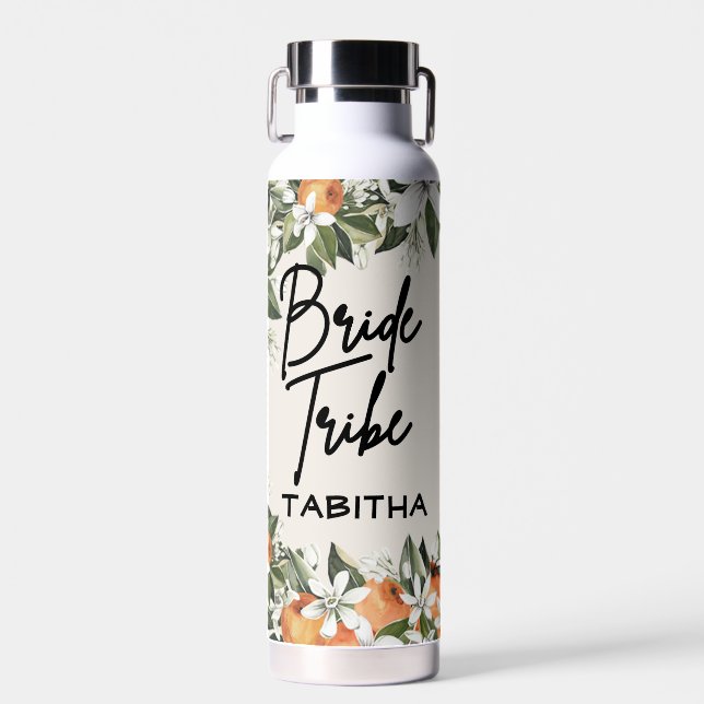 Wedding Georgia Peach "Bride Tribe" custom name  Water Bottle (Front)