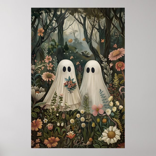 Wedding Ghosts in Flower Forest Art Print, Dark Poster (Front)