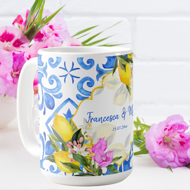Wedding Gift Blue tiles lemon Bougainvillea custom Coffee Mug (Creator Uploaded)