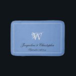 Wedding Gift Elegant Monogram Newlywed Gift Chic  Bath Mat<br><div class="desc">Wedding Gift Elegant Monogram Newlywed Gift Chic Bath Mat. Beautiful personalised blue and light grey monogrammed bath mat. Fine classic script monogrammed last name initial, and the names of the bride and groom and the date on a solid blue background. A lovely gift for newly weds, engaged couples or beautiful...</div>