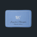 Wedding Gift Elegant Monogram Newlywed Gift Chic  Bath Mat<br><div class="desc">Wedding Gift Elegant Monogram Newlywed Gift Chic Bath Mat. Beautiful personalised blue and light grey monogrammed bath mat. Fine classic script monogrammed last name initial, and the names of the bride and groom and the date on a solid blue background. A lovely gift for newly weds, engaged couples or beautiful...</div>