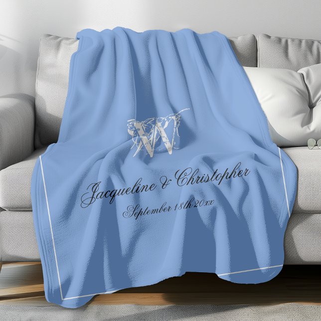 Wedding Gift Elegant Monogram Newlywed Keepsake Fleece Blanket (Elegant white monogram with black font names and white border against blue background fleece blanket)
