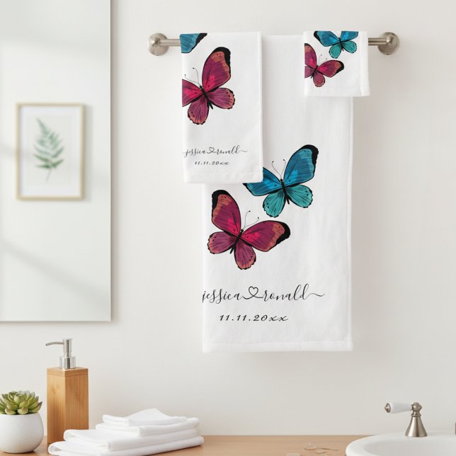 Wedding Gift Idea: Custom Names Bathroom Towel Set (Newlyweds' names joined by love, wedding date and butterflies bathroom towel set of 3.)