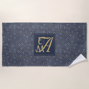 Wedding Gift Monogram Navy Blue Mermaid Scales Beach Towel