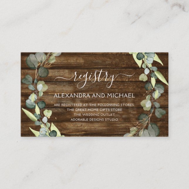Wedding Gift Registry Eucalyptus Rustic Country Business Card (Front)