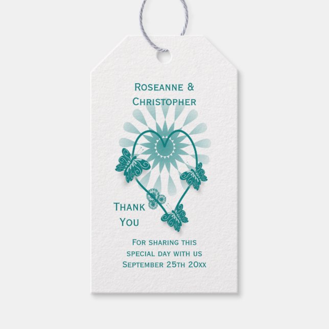 Wedding Gift Tag Teal Butterflies Heart (Front)