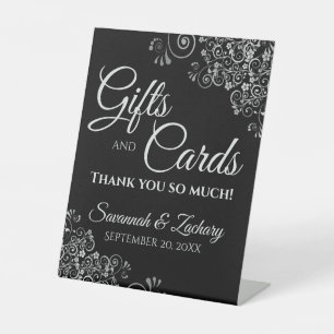 Wedding Gifts & Cards Lacy Silver Frills on Black Pedestal Sign