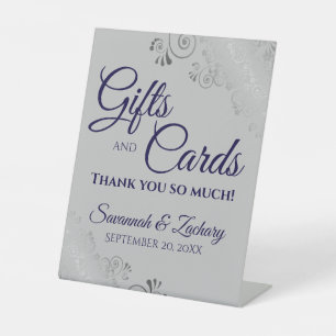 Wedding Gifts & Cards Lacy Silver Navy Blue & Grey Pedestal Sign