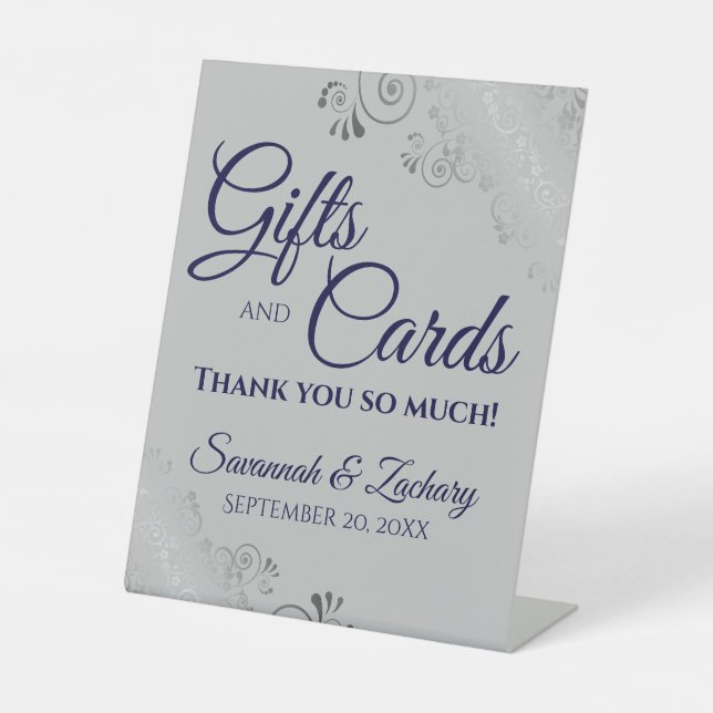 Wedding Gifts & Cards Lacy Silver Navy Blue & Grey Pedestal Sign (Front)