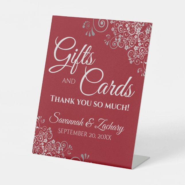 Wedding Gifts & Cards Silver Frills on Crimson Red Pedestal Sign (Front)
