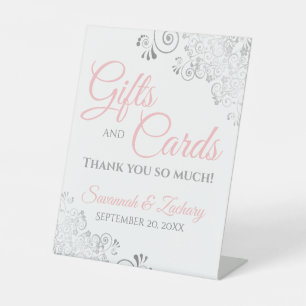 Wedding Gifts & Cards Silver Frills Pink on White Pedestal Sign