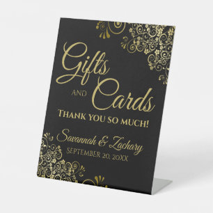 Wedding Gifts & Cards Thank You Lacy Gold on Black Pedestal Sign
