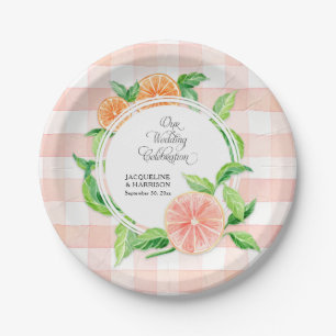 Wedding Gingham Farm Pink Striped Citrus Orange Paper Plate