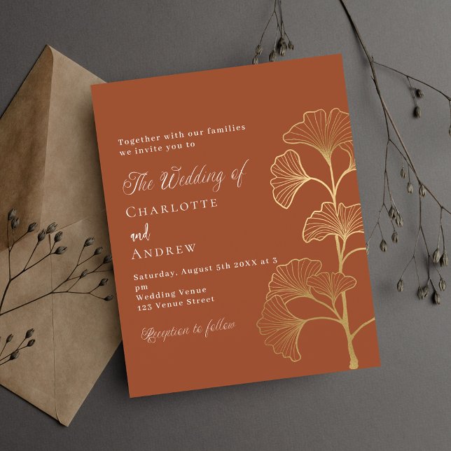 Wedding ginkgo leaf terracotta budget invitation flyer (Creator Uploaded)