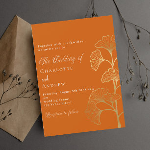 Wedding ginkgo leaves burnt orange gold invitation postcard