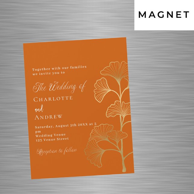 Wedding ginkgo leaves burnt orange gold luxury magnetic invitation (Creator Uploaded)