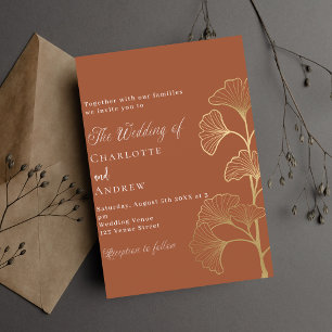 Wedding ginkgo leaves terracotta brown gold luxury invitation