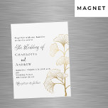 Wedding ginkgo leaves white gold script luxury magnetic invitation<br><div class="desc">A white background decorated with simple golden ginkgo leaves. Personalise and add your names and the details.</div>