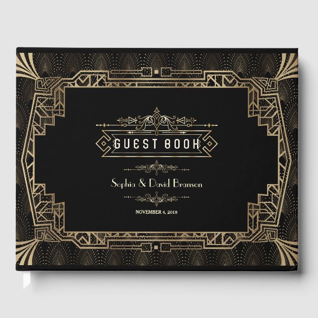 Wedding | Glam Art Deco Black Gatsby 1920s Style Guest Book (Front)