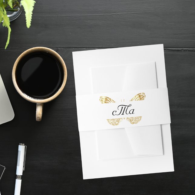 Wedding gold butterfly white monogram invitation belly band (Creator Uploaded)