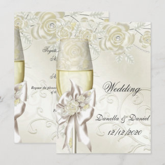 Wedding Gold Cream Pearl Floral Roses 2 Invitation