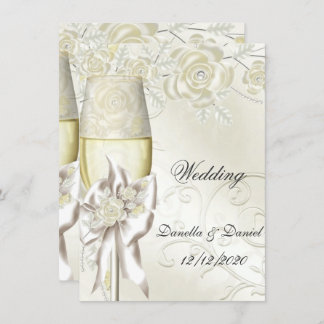 Wedding Gold Cream Pearl Floral Roses 2 Invitation