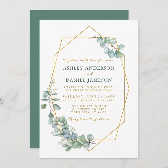 Wedding Gold Frame Eucalyptus Watercolor Greenery Invitation (Front/Back)