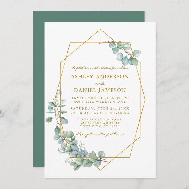 Wedding Gold Frame Watercolor Eucalyptus Greenery Invitation (Front/Back)