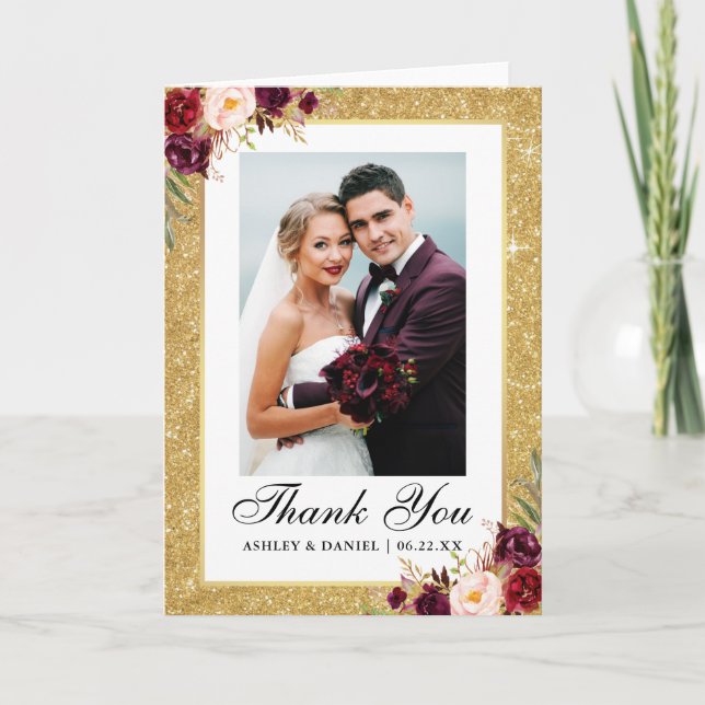 Wedding Gold Glitter Burgundy Floral Photo Fold Thank You Card (Front)