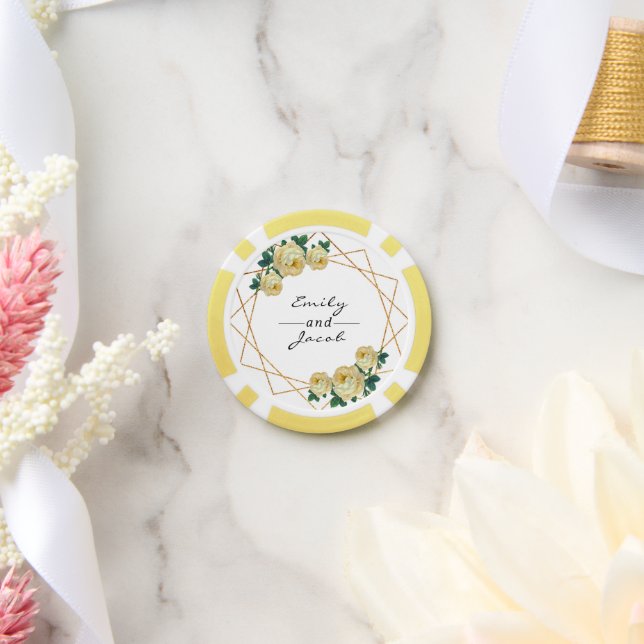 Wedding Gold Glitter Geo Yellow Floral Names Date Poker Chips (Wedding)