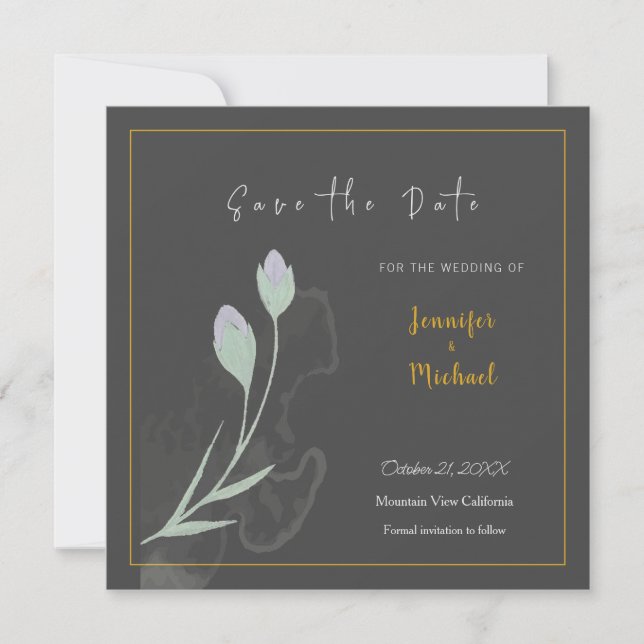 Wedding Gold Grey Calligrapy Flower Save the Date Invitation (Front)