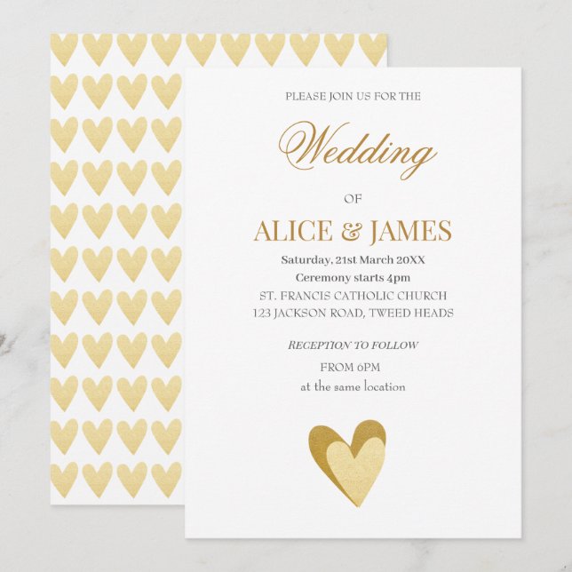 Wedding Gold Hearts Invitation (Front/Back)
