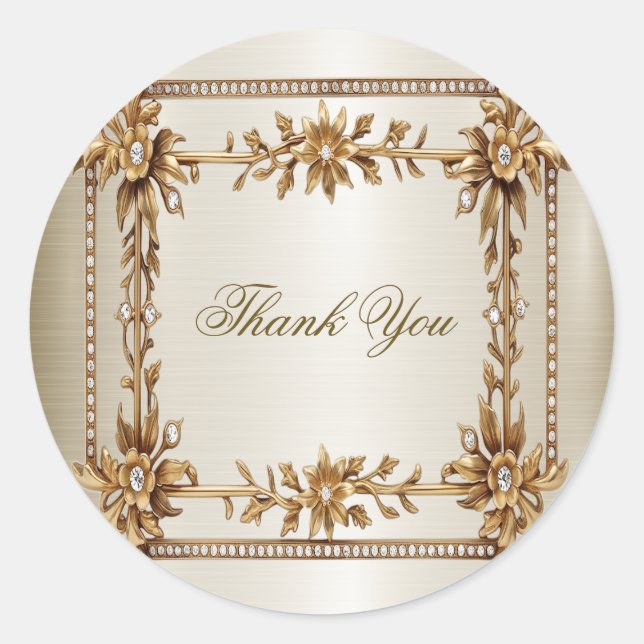 Wedding Gold Ornate Rectangle Dimond Flowers Shiny Classic Round Sticker (Front)