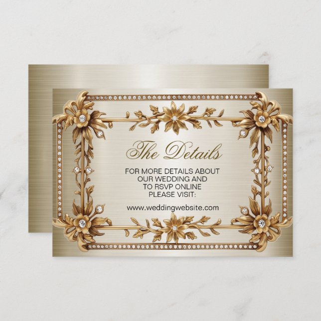 Wedding Gold Ornate Rectangle Dimond Flowers Shiny Enclosure Card (Front/Back)