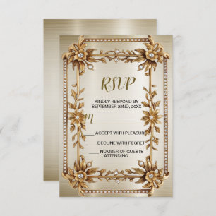 Wedding Gold Ornate Rectangle Dimond Flowers Shiny RSVP Card