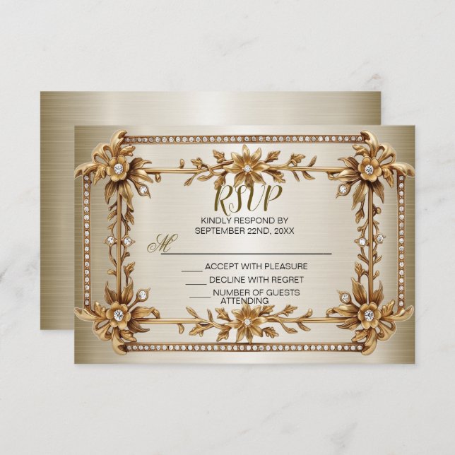 Wedding Gold Ornate Rectangle Dimond Flowers Shiny RSVP Card (Front/Back)