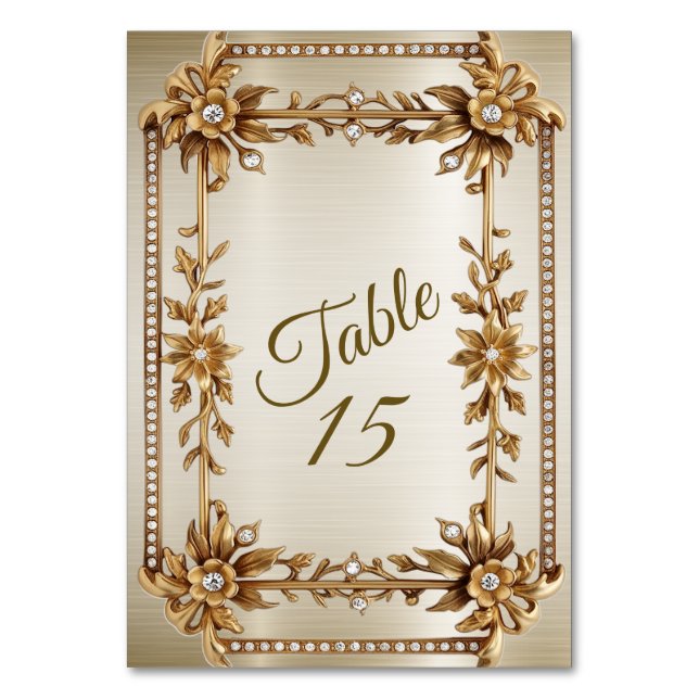 Wedding Gold Ornate Rectangle Dimond Flowers Shiny Table Number (Front)
