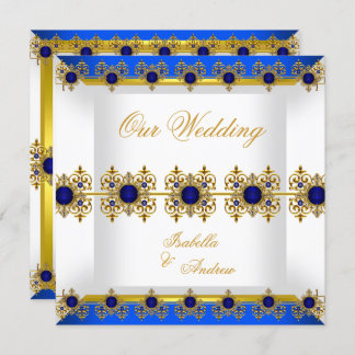 Wedding Gold Royal Blue Gem White Invitation