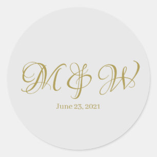 Wedding gold script monogram elegant custom grey classic round sticker