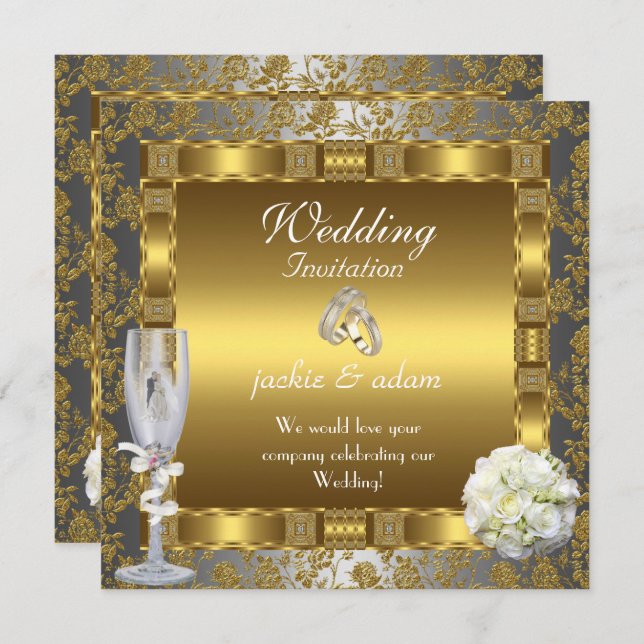 Wedding Gold Silver White Antique Floral Rings Invitation (Front/Back)