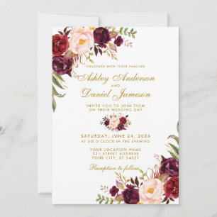 Wedding Gold Watercolor Burgundy Floral W Invitation