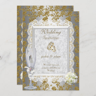 Wedding Gold  White Antique Lace Floral Rings Invitation
