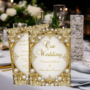 Wedding Gold White beige Cream Pearls Oval frame Invitation