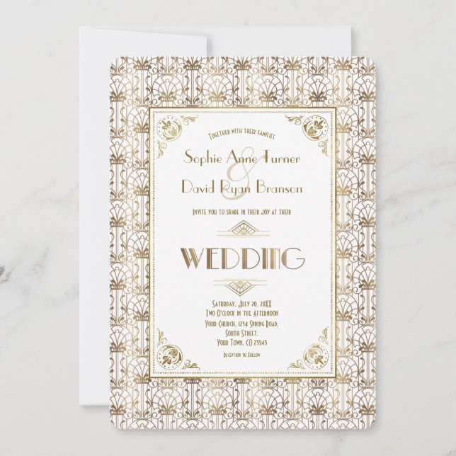 Wedding | Gold White Roaring 20s Art Deco Invitation (Front)