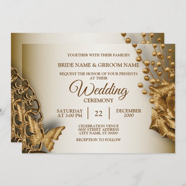 Wedding Golden Beige Floral Butterfly Vintage Invitation (Front/Back)