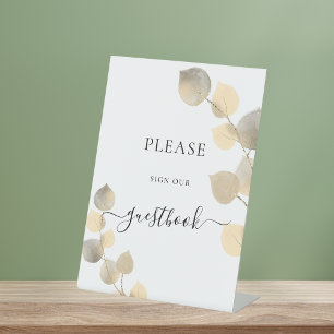 Wedding golden eucalyptus guestbook pedestal sign
